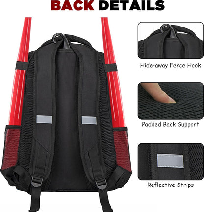 | Baseball Backpack,Baseball Bag for Adult,Softball Bat Bag with Shoes Compartment,Large Main Compartment for Helmet & Accessories, Fence Hook