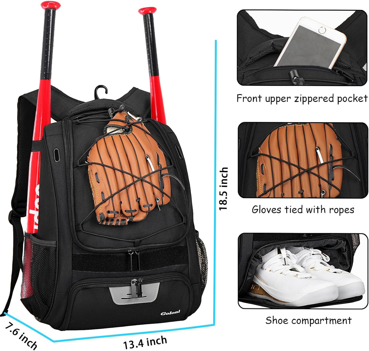 | Baseball Backpack,Baseball Bag for Adult,Softball Bat Bag with Shoes Compartment,Large Main Compartment for Helmet & Accessories, Fence Hook