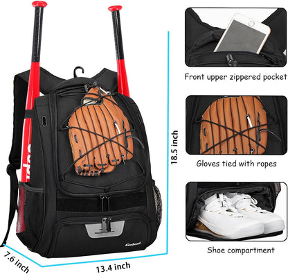 | Baseball Backpack,Baseball Bag for Adult,Softball Bat Bag with Shoes Compartment,Large Main Compartment for Helmet & Accessories, Fence Hook