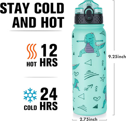 Insulated Water Bottle 20Oz Water Bottles with Straw, Stainless Steel Water Bottle with 3 Lids, Double Wall Vacuum Bottles for Adult Kids, Sports Bottles for School Travel, Cute Dinosaur