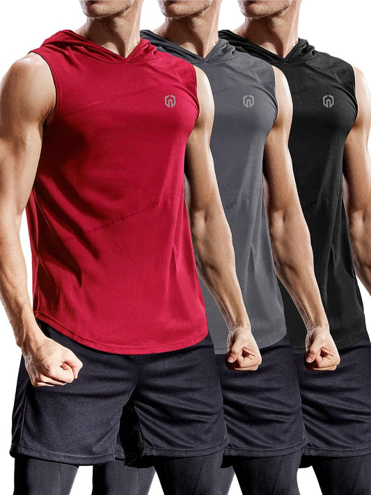 3 Pack Workout Athletic Gym Muscle Tank Top with Hoods,5036,Black,Grey,Red,Us M,EU L