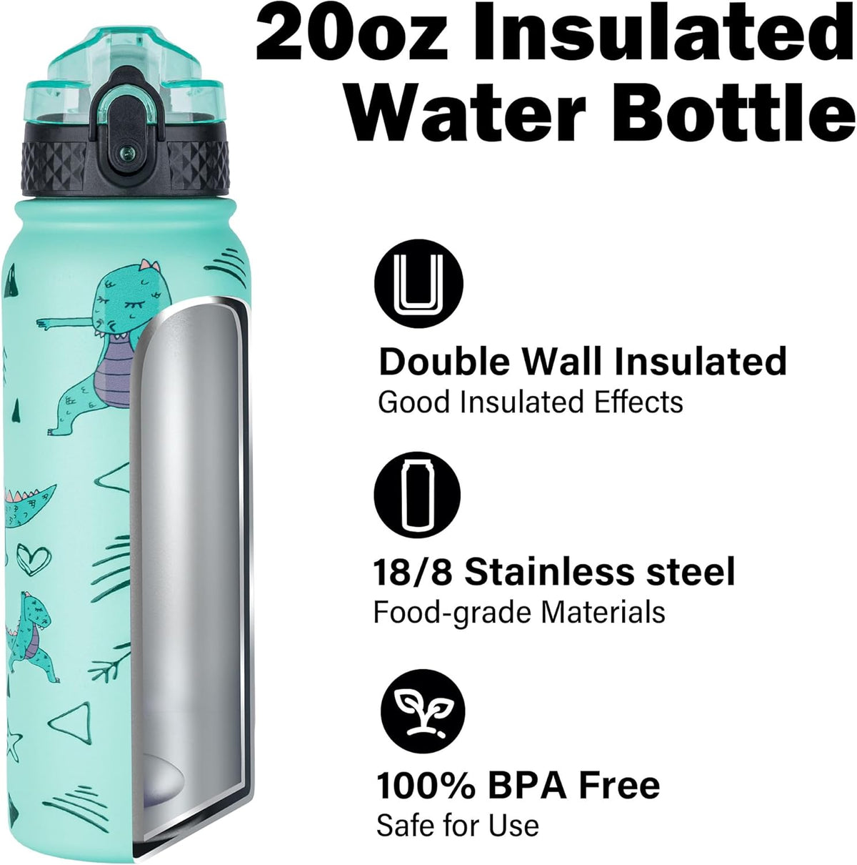 Insulated Water Bottle 20Oz Water Bottles with Straw, Stainless Steel Water Bottle with 3 Lids, Double Wall Vacuum Bottles for Adult Kids, Sports Bottles for School Travel, Cute Dinosaur