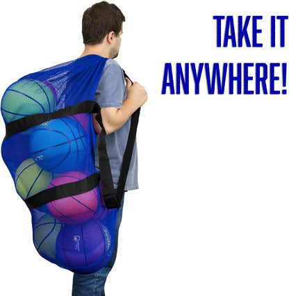 39" Mesh Sports Ball Bag with Adjustable Shoulder Strap, Oversize Duffle - Great for Carrying Gym Equipment, Jerseys, & Laundry (Blue)