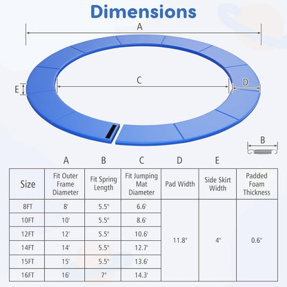 Trampoline Pad, 8Ft 10Ft 12Ft 14Ft 15Ft 16Ft Trampoline Replacement Safety Pad, No Holes for Pole, Waterproof Trampoline Accessories Spring Cover